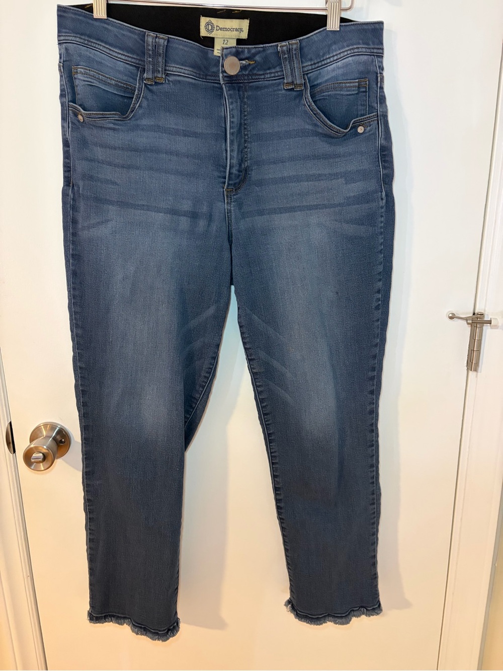Democracy Blue Mid-Rise Cropped Straight Leg Jeans with Frayed Hem